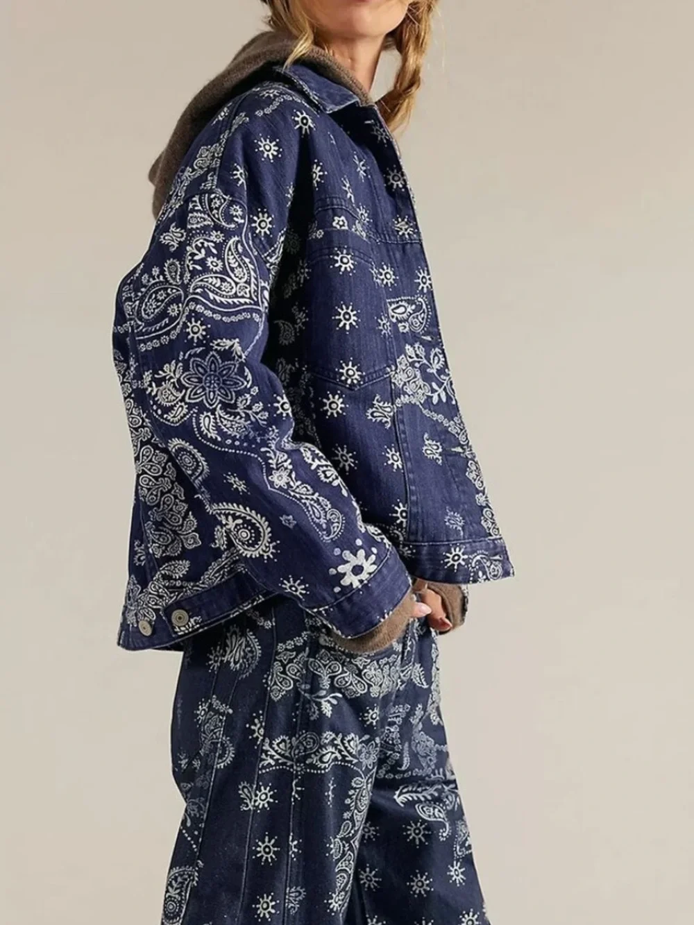 NWOT Free People We the Free Opal Swing Printed Denim Jacket- Navy Combo-Bandana - Picture 4 of 8